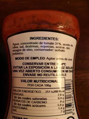 Lista de ingredientes del producto Salsa tomate  