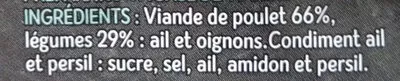 Lista de ingredientes del producto Viande hachée de poulet et légumes Méditerranée Quicook 400g