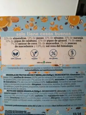 Lista de ingredientes del producto Natural granola Natural Athlete 325 g