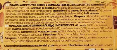 Lista de ingredientes del producto Natural granola  