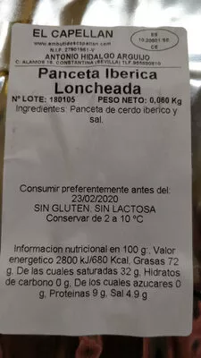 Lista de ingredientes del producto Panceta ibérica loncheada El Capellán 0,06Kg