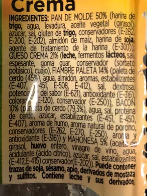 Lista de ingredientes del producto Sandwich York Baecon Crema lm sandwich 150 g