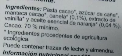 Lista de ingredientes del producto Chocolate negro con naranja Mandolé 