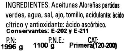 Lista de ingredientes del producto Aceitunas verdes partidas Aloreña de Málaga Acoal 1.996 g (neto), 1.100 g (escurrido)