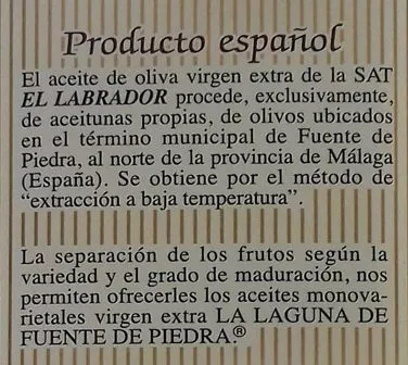 Lista de ingredientes del producto Aceite oliva virgen extra La Laguna de Fuente de Piedra 2,5 l