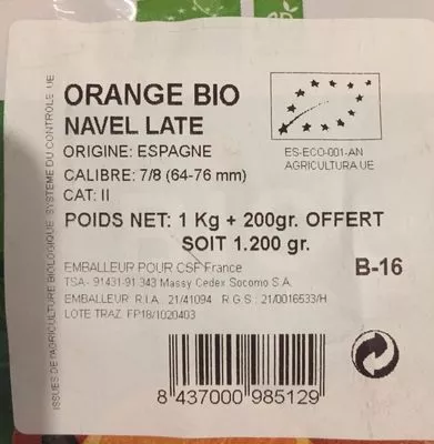 Lista de ingredientes del producto Orange  1 kg