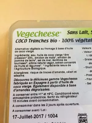 Lista de ingredientes del producto Vegecheese Maria Diet 