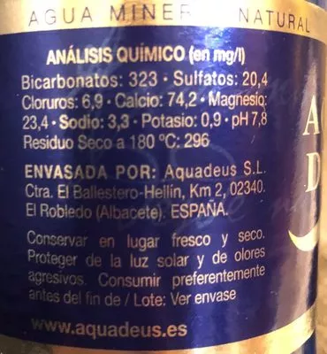 Lista de ingredientes del producto Agua Aqua Deus 