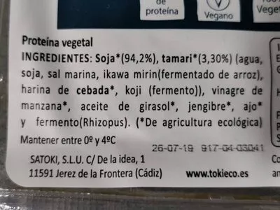 Lista de ingredientes del producto Tempen de soja macerado con tamari Toki 170 g