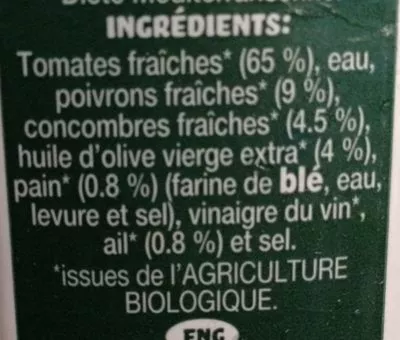 Lista de ingredientes del producto Gazpacho issu de l'agriculture biologique Luque 1 L