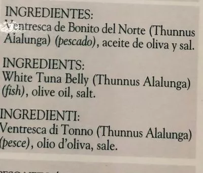 Lista de ingredientes del producto Ventresca de bonito del Norte  