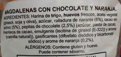 Lista de ingredientes del producto Magdalenas con chocolate y naranja Laly 