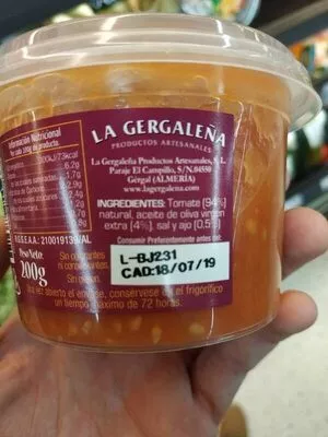 Lista de ingredientes del producto Tomate natural rallado Tumaca la gergaleña 