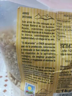 Lista de ingredientes del producto Arroz Integral El Alcaraván 