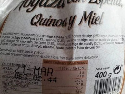 Lista de ingredientes del producto Hogaza con espelta, quinoa y miel  400 g