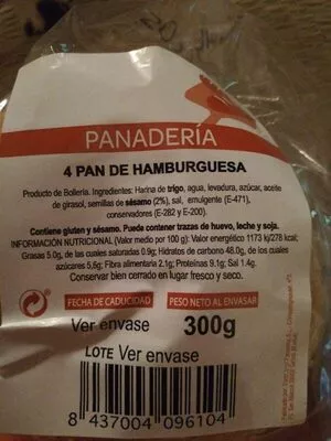 Lista de ingredientes del producto Pan de hamburguesa  