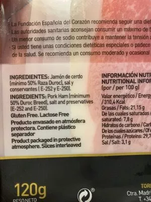 Lista de ingredientes del producto Jamón serrano torre de nuñez 