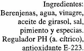 Lista de ingredientes del producto Berenjenas encurtidas embuchadas "Conservas García" Conservas García 960 g (neto), 400 (escurrido), 985 ml