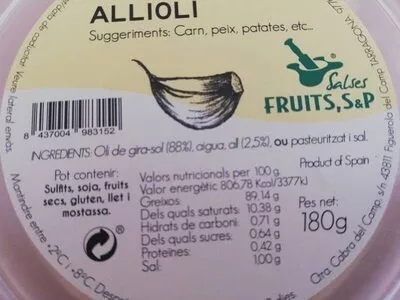 Lista de ingredientes del producto Salsa Allioli Salses Fruits S&P 