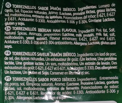 Lista de ingredientes del producto Los Auténticos Torreznillos Los auténticos torreznillos 100g