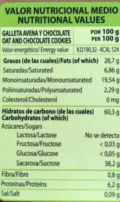 Lista de ingredientes del producto Galletas con avena y chocolate Bio-Darma 