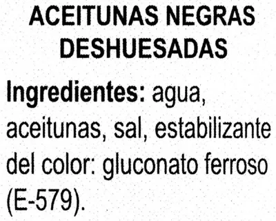 Lista de ingredientes del producto Aceitunas negras deshuesadas Feudo Verde 350 g (neto), 150 g (escurrido), 370 ml