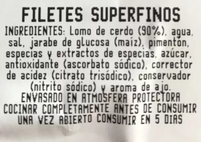 Lista de ingredientes del producto Lomo de cerdo adobado filetes superfinos Carrefour 