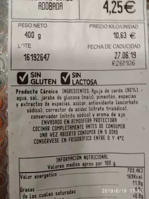 Lista de ingredientes del producto Aguja de cerdo adobada Carrefour 