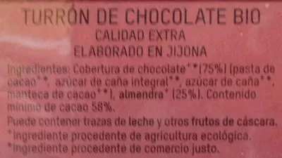 Lista de ingredientes del producto Turrón de chocolate bio Intermón Oxfam 200 g