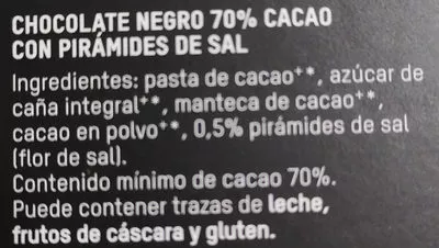 Lista de ingredientes del producto Chocolate negro 70% sal bio OXFAM Intermón 100 g