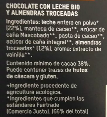 Lista de ingredientes del producto Chocolate con leche bio Almendras troceadas Tierra Madre 