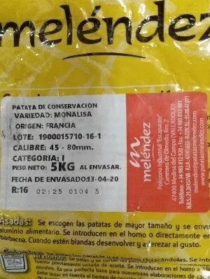 Lista de ingredientes del producto Patata Familiar Melendez 5 kg