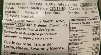 Lista de ingredientes del producto Pan de centeno  