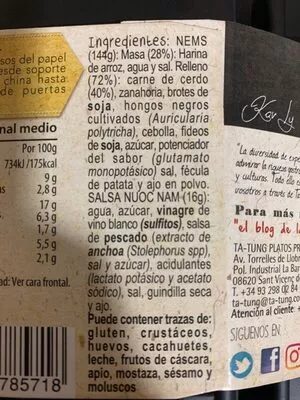 Lista de ingredientes del producto Rollitos Nem de carne envase 160 g Ta-Tung 160 g