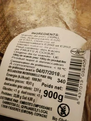 Lista de ingredientes del producto Noix jambon nature El Andaluz 