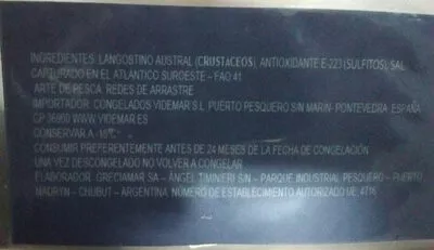 Lista de ingredientes del producto Colas de langostino austral Videmar 500 g