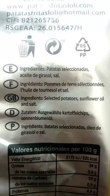 Lista de ingredientes del producto Patatas fritas  