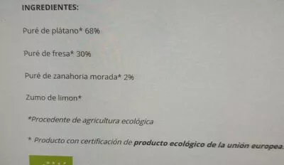 Lista de ingredientes del producto Fresa y plátano 100% ecológico Smileat 100 g