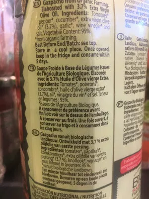 Lista de ingredientes del producto Gazpacho ecológico Bio sabor 500 ml