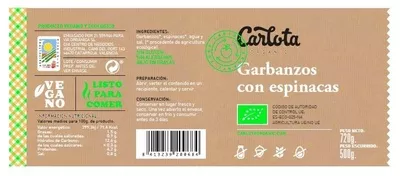 Lista de ingredientes del producto Garbanzos con Espinacas Carlota 720 g (neto), 500 g (escurrido)