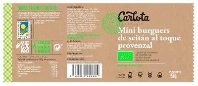 Lista de ingredientes del producto Mini Burguers de Seitán al toque Provenzal ecológicas Carlota organic 150gr