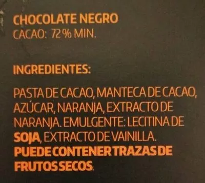 Lista de ingredientes del producto Chocolate negro con naranja Monper 85 g