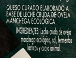 Lista de ingredientes del producto Queso manchego ecologico  200 g