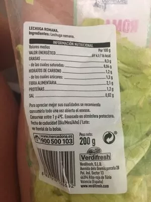 Lista de ingredientes del producto Lechuga Romana Hacendado 