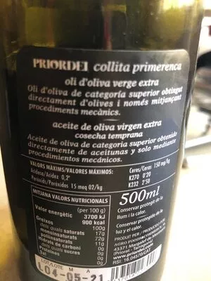 Lista de ingredientes del producto Oli d'oliva verge extra Priordei 