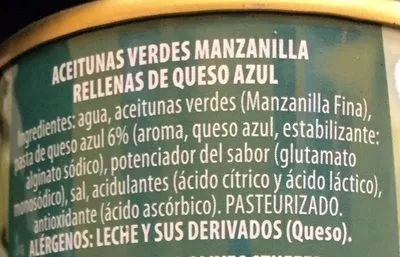 Lista de ingredientes del producto Aceitunas Verdes Rellenas de Queso Azul Jolca 300 g