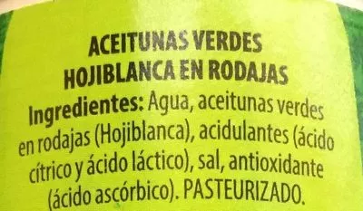 Lista de ingredientes del producto Aceitunas verdes en rodajas clásicas Jolca 345 g