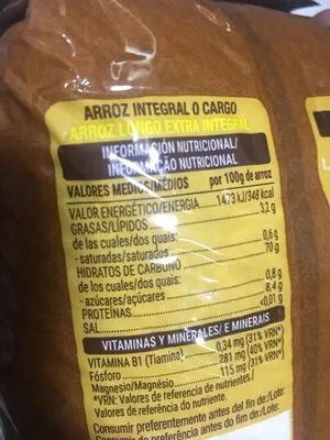 Lista de ingredientes del producto Arroz integral Hacendado 