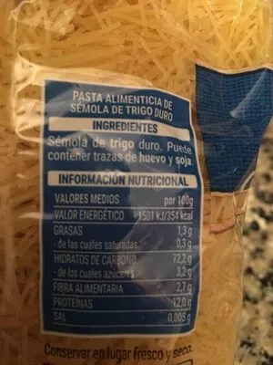 Lista de ingredientes del producto Fideo cabello de ángel Hacendado 