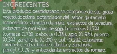 Lista de ingredientes del producto Caldo de verduras Hacendado 120 g (12 pastillas x 10 g)